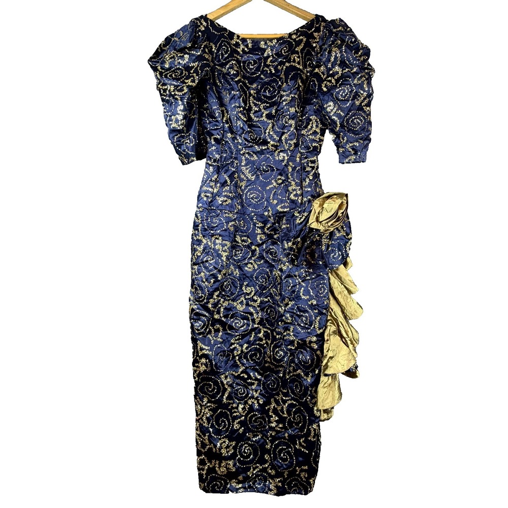 Vintage Olivias Gown Dress Womens Small Blue Gold Swirl Glitter Glam Prom Party